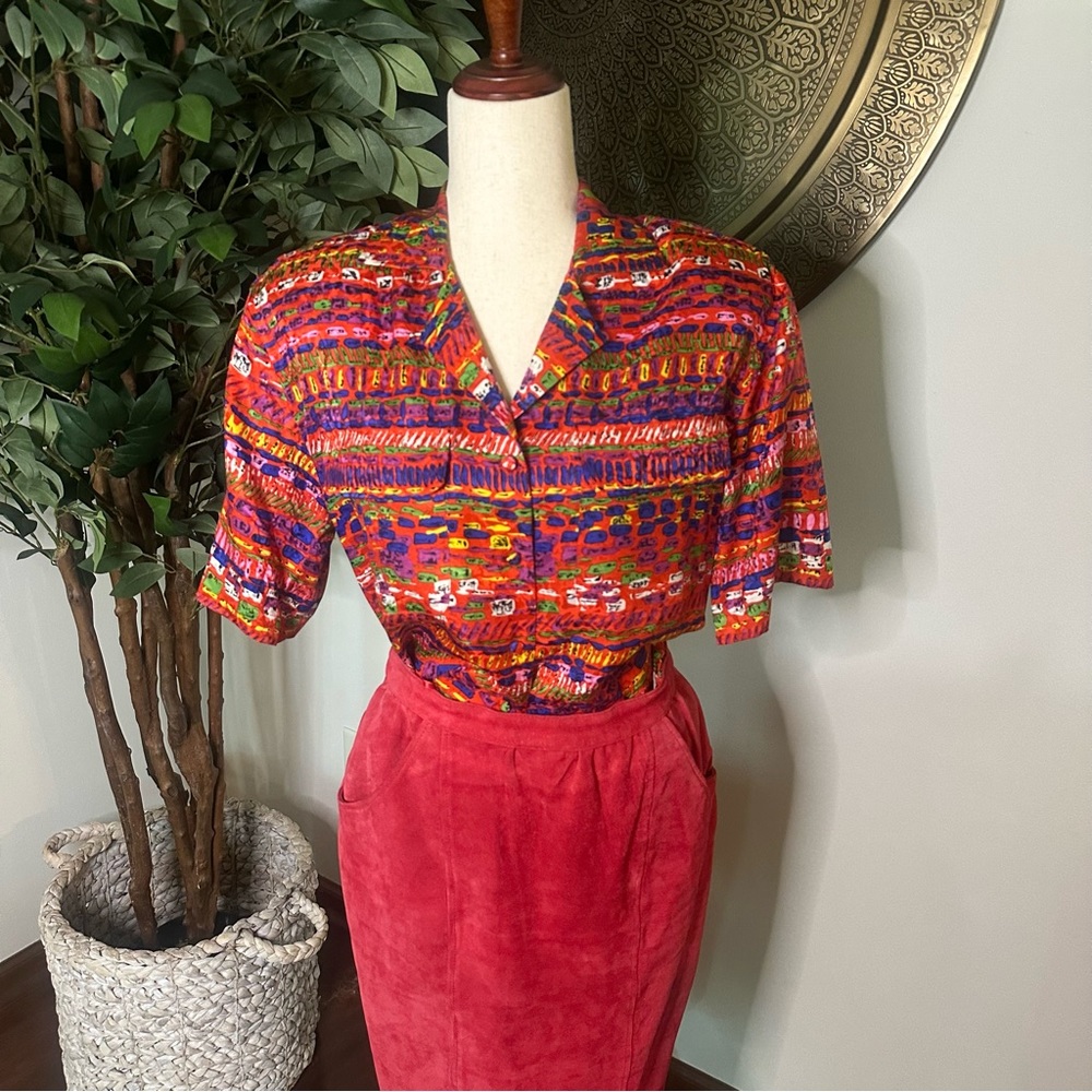 100% Silk Colorful Abstract Print Blouse - Size 4